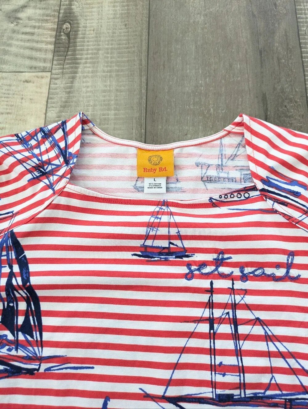 Red White Striped Nautical Top Sailing Coastal Embroidered Size L